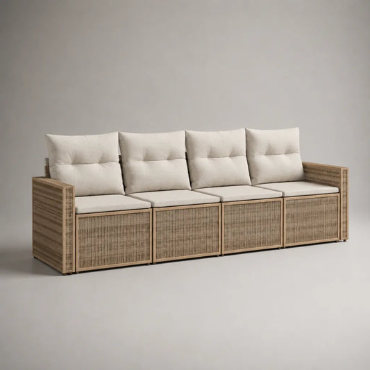 Modulares Gartensofa, 4-Sitzer aus PE-Rattan mit Polyesterpolstern, Natur und Cremeweiß, 286 × 80 × 90 cm