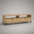 TV-Lowboard aus MDF mit Eichenfurnier und Stahl, Natur und Schwarz, 160 × 40 × 55 cm, mit 2 Schubladen und 2 offenen Fächern