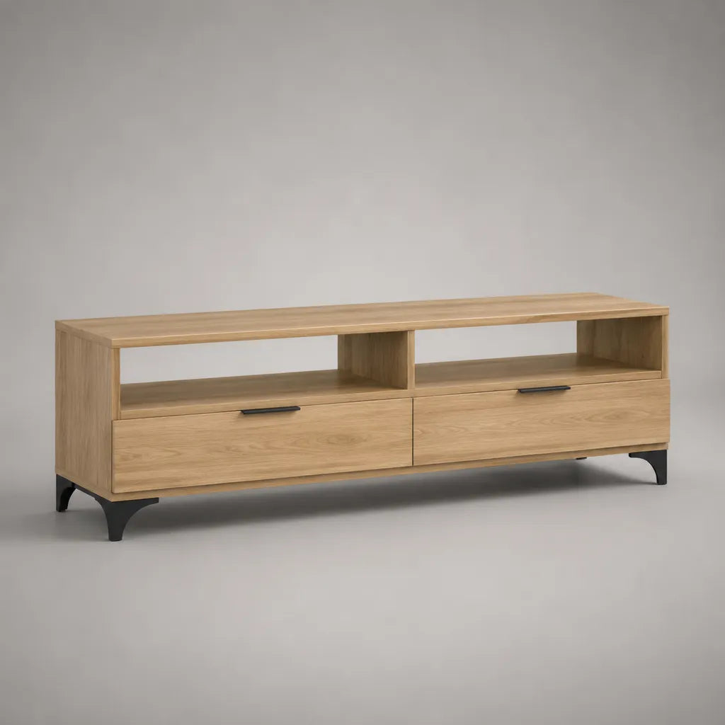 TV-Lowboard aus MDF mit Eichenfurnier und Stahl, Natur und Schwarz, 160 × 40 × 55 cm, mit 2 Schubladen und 2 offenen Fächern
