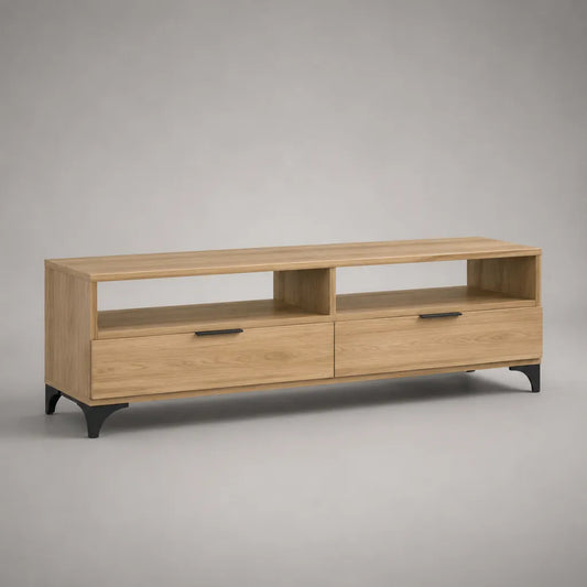 TV-Lowboard aus MDF mit Eichenfurnier und Stahl, Natur und Schwarz, 160 × 40 × 55 cm, mit 2 Schubladen und 2 offenen Fächern