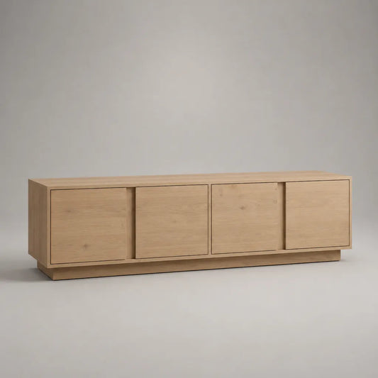 TV-Lowboard mit 4 Türen, TV-Schrank aus MDF mit Eichenfurnier, Naturbeige, 200 × 45 × 60 cm